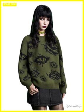 Plus Size Grunge Punk Print Long Sleeve Pullover Sweater Knit Top